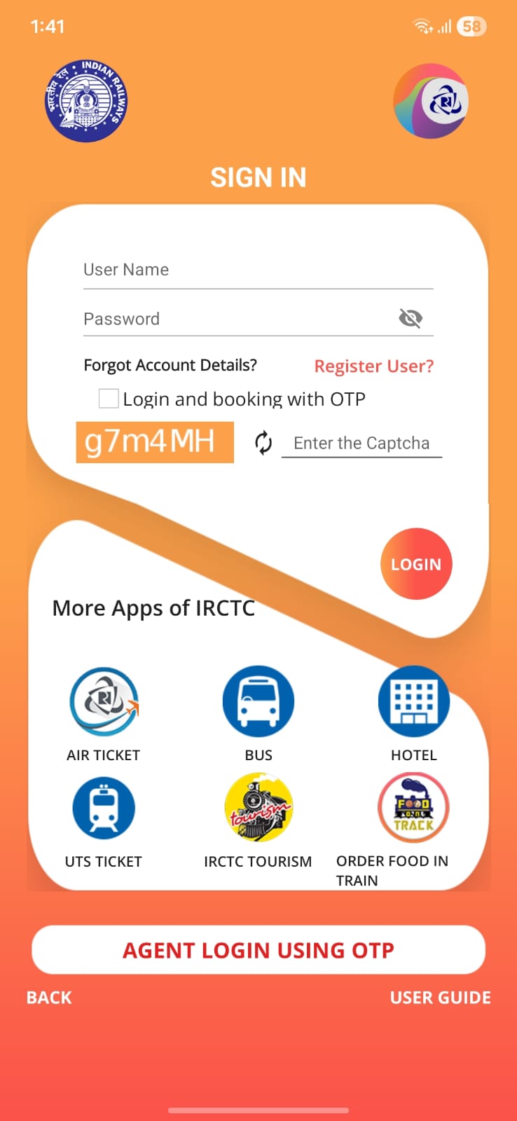 Current IRCTC login screen