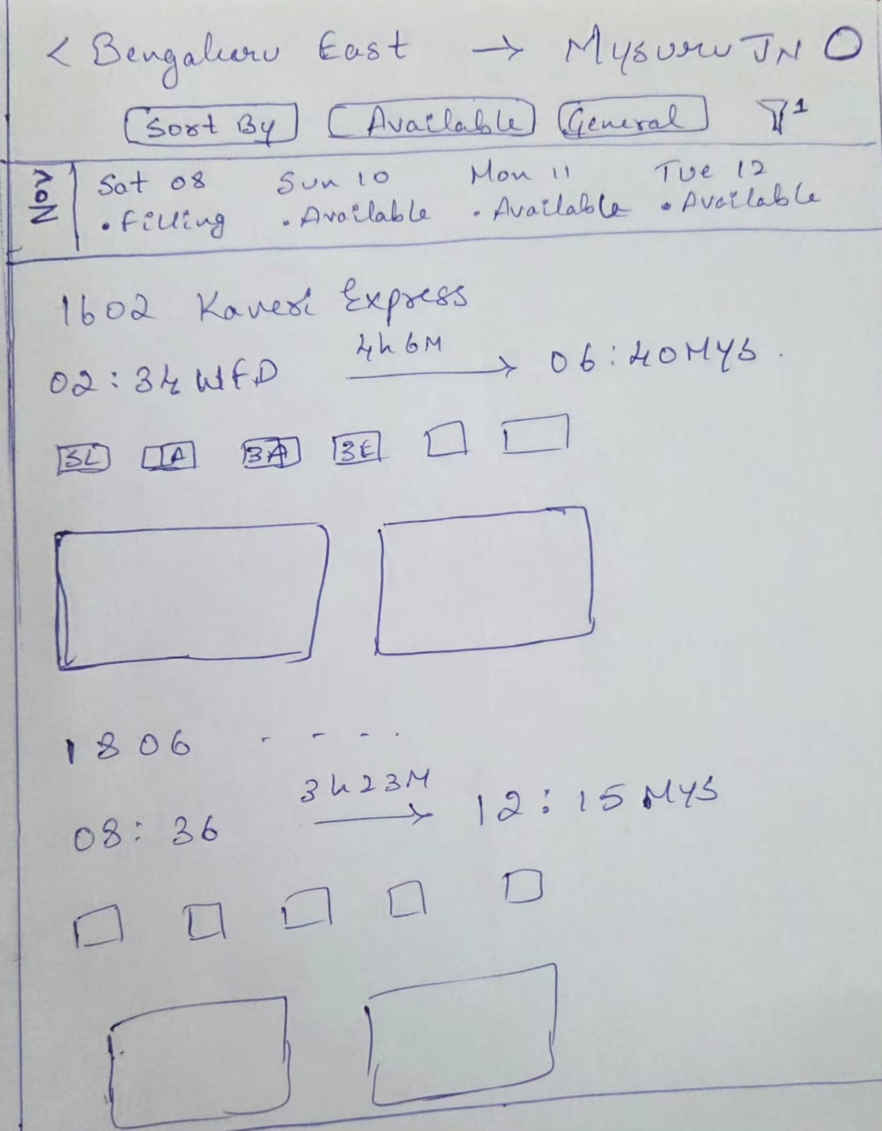 Lo-fi train search wireframe