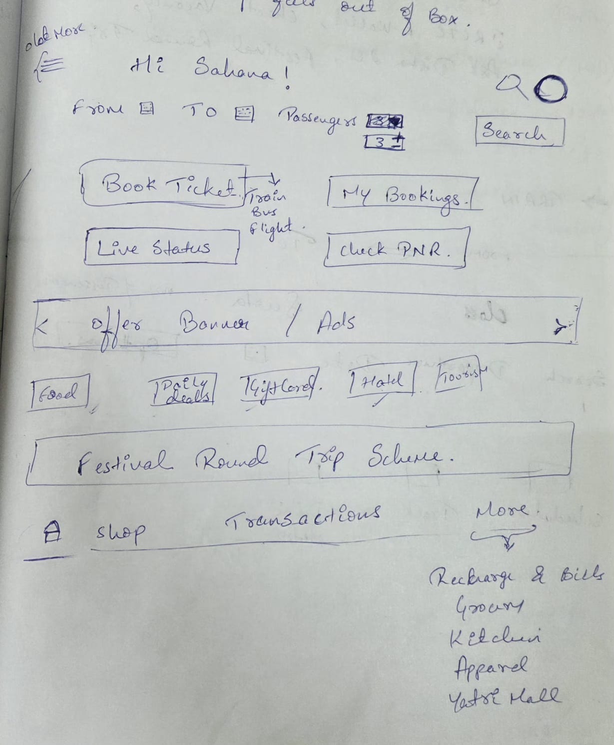 Lo-fi home screen wireframe